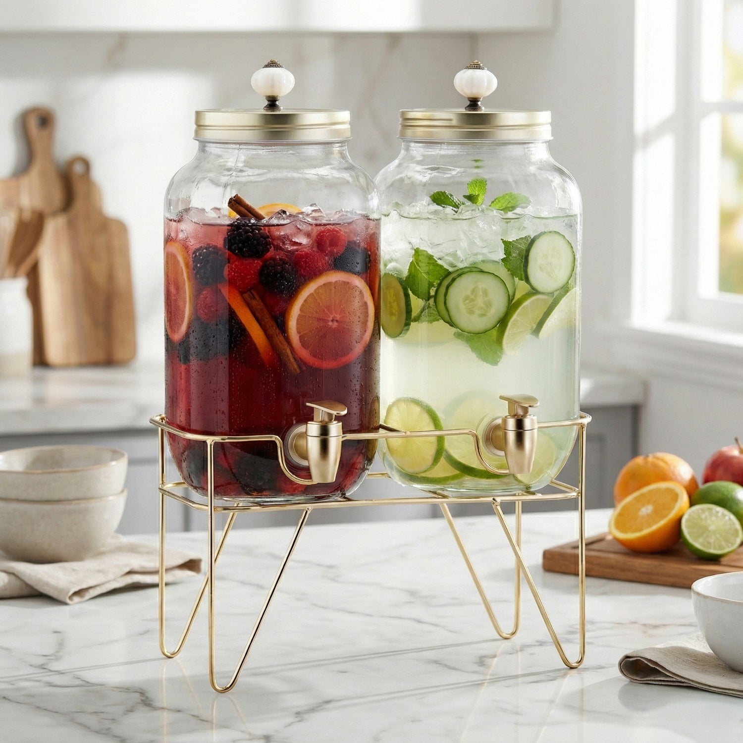 Julian 2-Piece Set Bev Dispensers with Gold Wire Stand