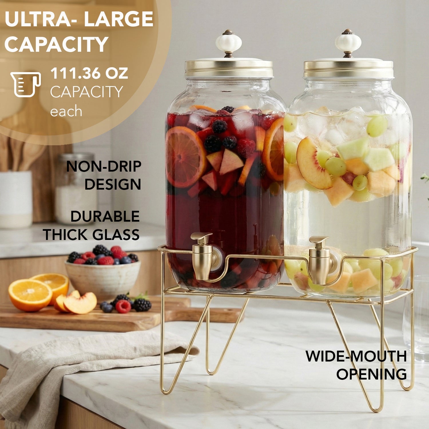 Julian 2-Piece Set Bev Dispensers with Gold Wire Stand